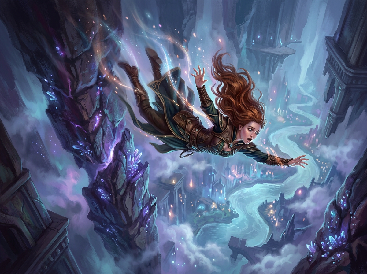 Red-haired adventurer flying through a glowing cavern above a magical city