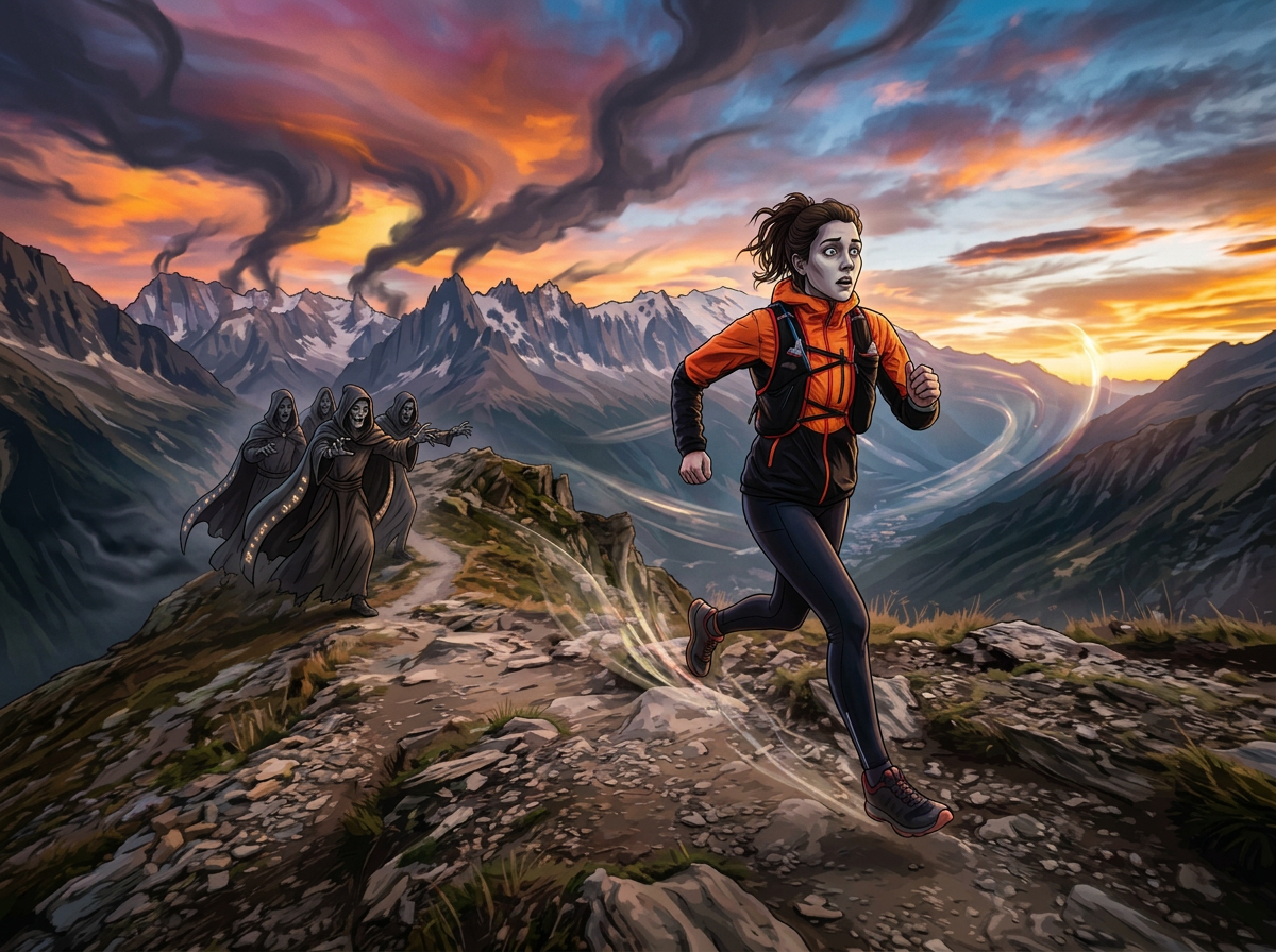 Runner on a rocky mountain trail beneath snow-capped peaks at sunset