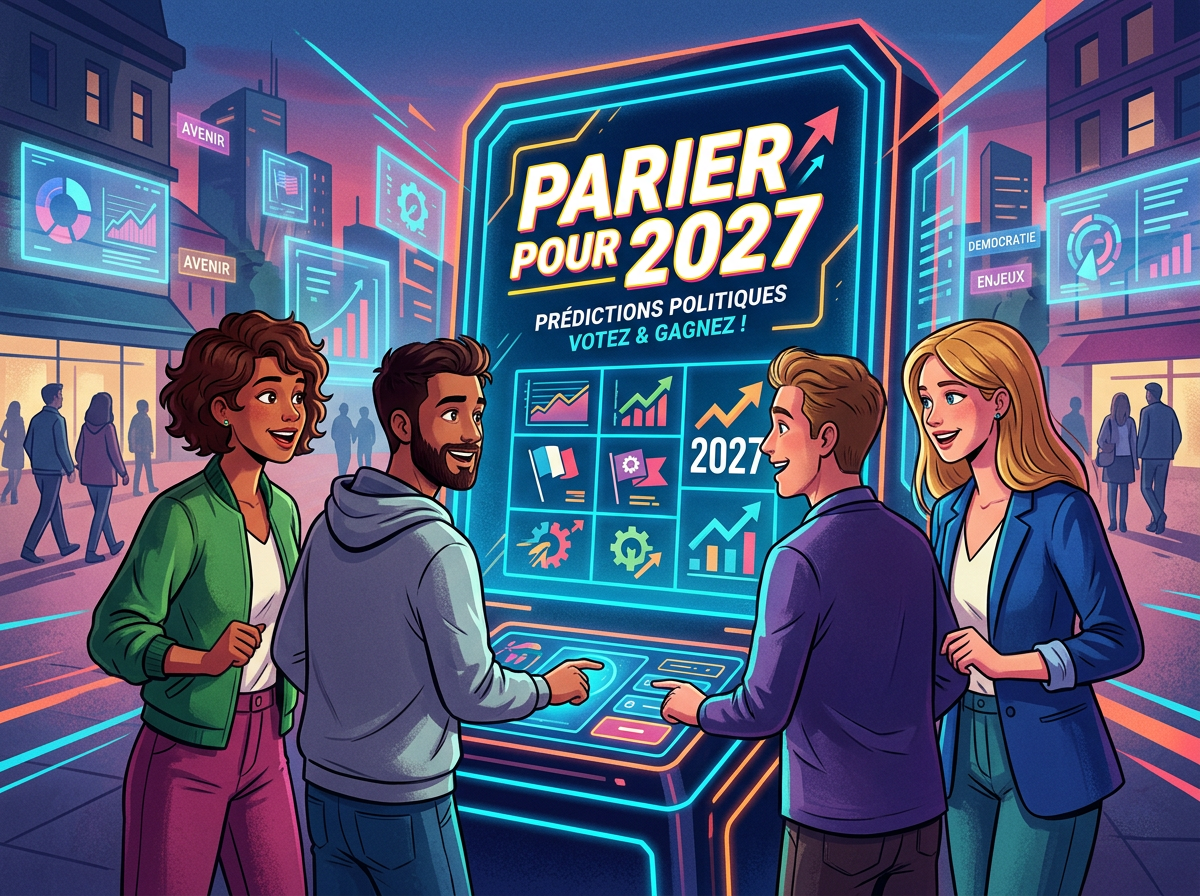 Display reads “PARIER POUR 2027,” “PRÉDICTIONS POLITIQUES,” “VOTEZ & GAGNEZ !,” “2027,” “AVENIR,” “DÉMOCRATIE,” and “ENJEUX.”